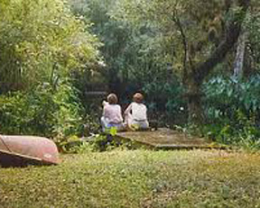 Two women sitting on dock